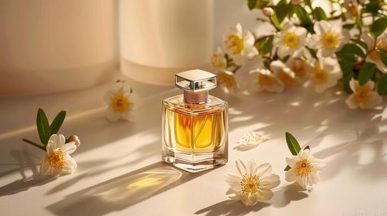 elegant-perfume-bottle-surrounded-by-delicate-flowers-softly-lit-for-a-serene-ambiance-photo elegant-perfume-bottle-surrounded-by-delicate-flowers-softly-lit-for-a-serene-ambiance-photo