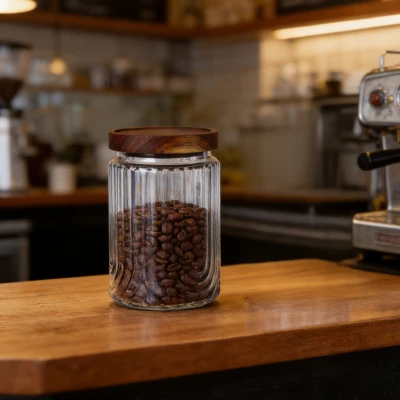 U-Groove textured glass storage jar with acacia wood lid U-Groove textured glass storage jar with acacia wood lid